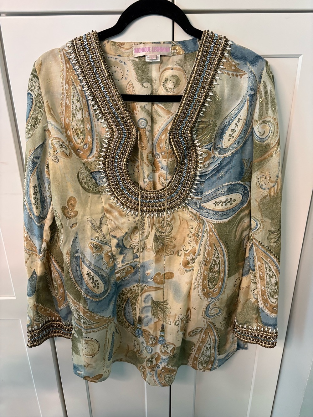 Monique Leshman Paisley Beaded V-Neck Tunic in Blue and Gold